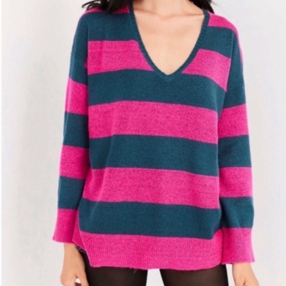 Urban Outfitters Pink and Navy V-Neck Oversized Striped Sweater